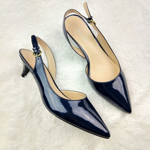 navy blue kitten heel slingbacks